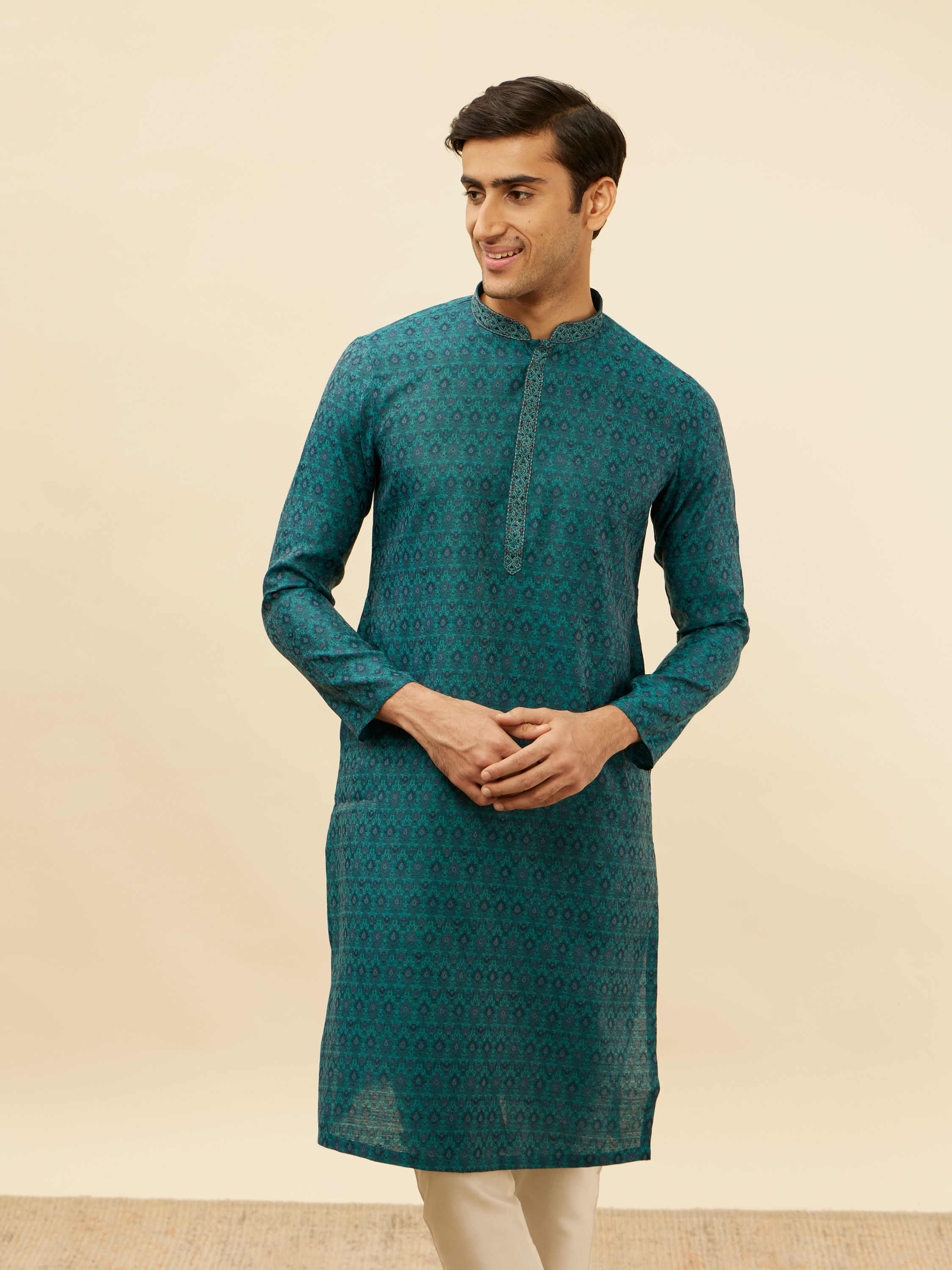 Manyavar Men Teal Blue Imperial Patterned Kurta Set