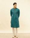 alt message - Manyavar Men Teal Blue Imperial Patterned Kurta Set image number 2