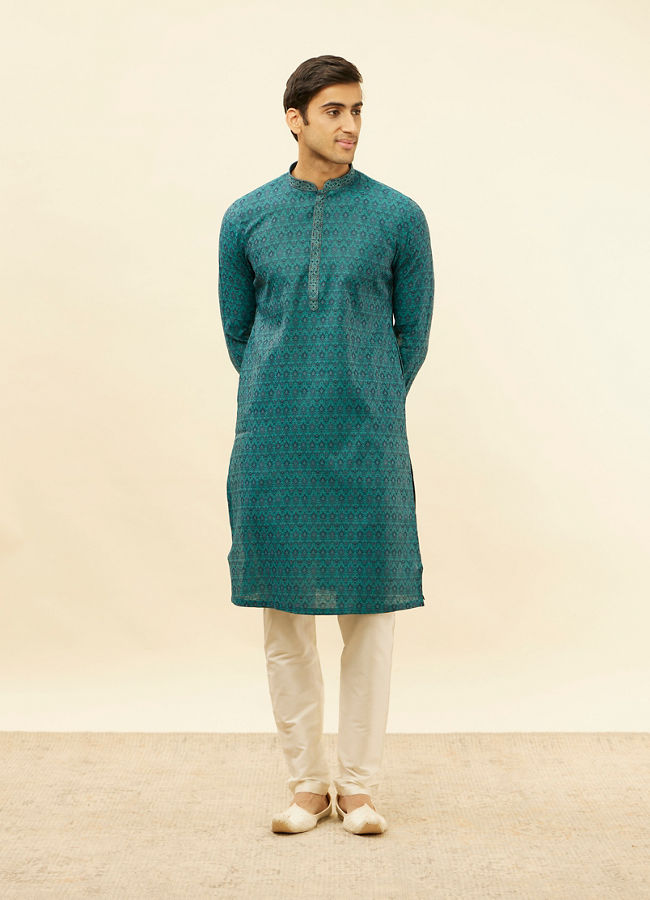 alt message - Manyavar Men Teal Blue Imperial Patterned Kurta Set image number 2