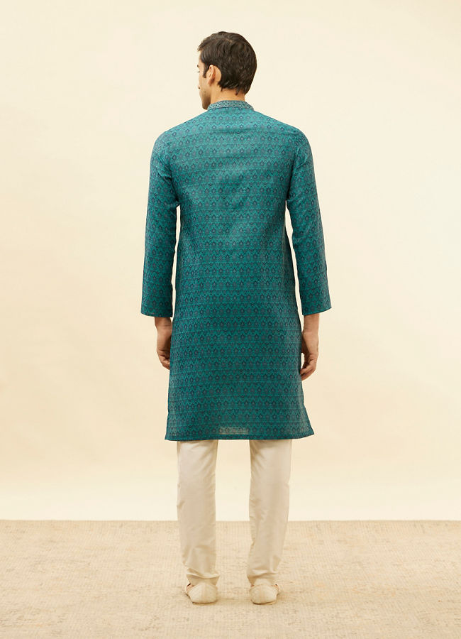 alt message - Manyavar Men Teal Blue Imperial Patterned Kurta Set image number 5