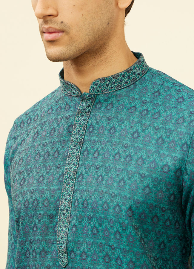 alt message - Manyavar Men Teal Blue Imperial Patterned Kurta Set image number 1