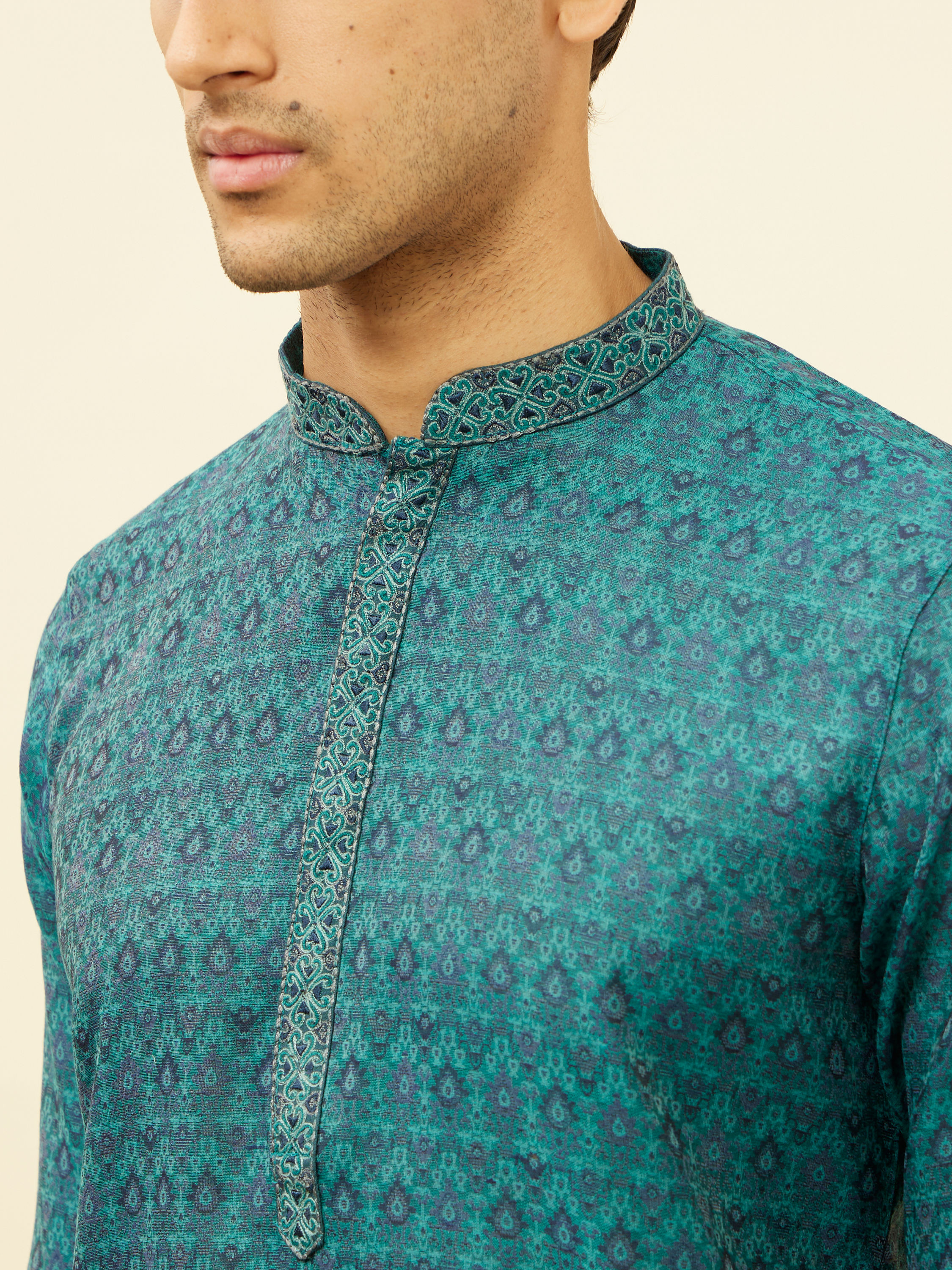 Manyavar Men Teal Blue Imperial Patterned Kurta Set