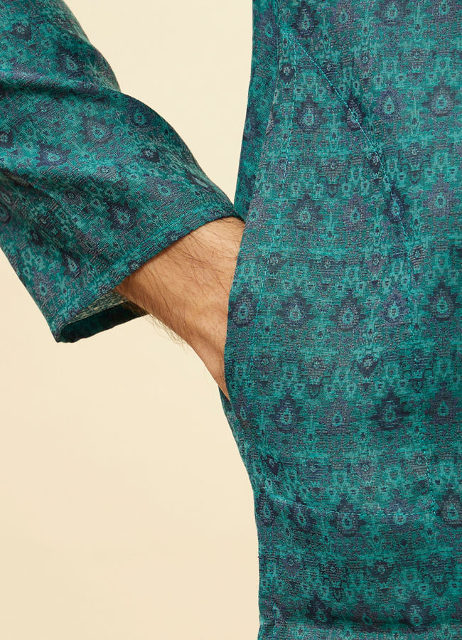 alt message - Manyavar Men Teal Blue Imperial Patterned Kurta Set image number 3