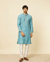 alt message - Manyavar Men Turquoise Blue Grid Patterned Kurta Set image number 2