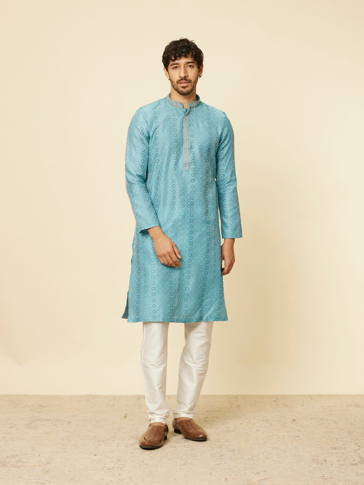 Manyavar Men Turquoise Blue Grid Patterned Kurta Set