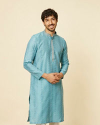 Manyavar Men Turquoise Blue Grid Patterned Kurta Set