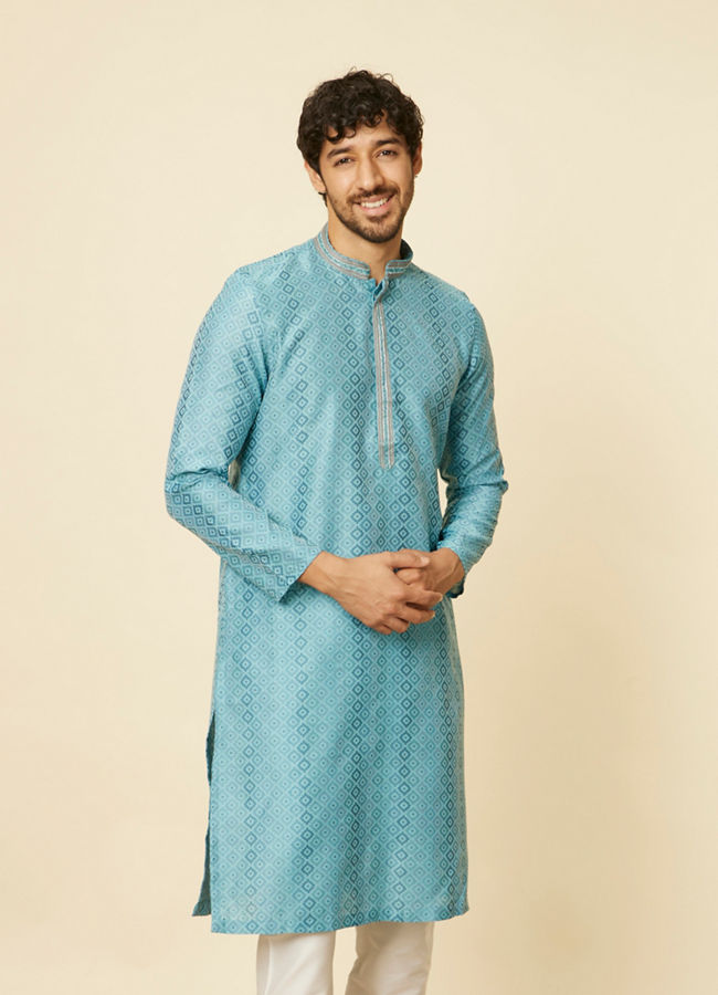 alt message - Manyavar Men Turquoise Blue Grid Patterned Kurta Set image number 0