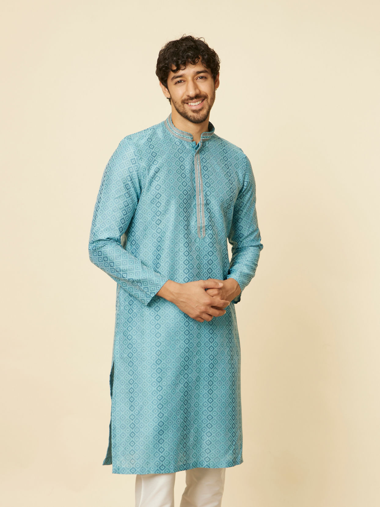 alt message - Manyavar Men Turquoise Blue Grid Patterned Kurta Set image number 0