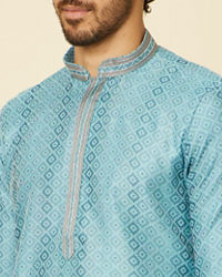 Manyavar Men Turquoise Blue Grid Patterned Kurta Set