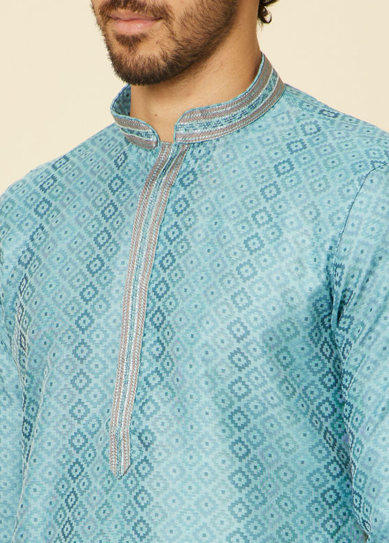 Manyavar Men Turquoise Blue Grid Patterned Kurta Set