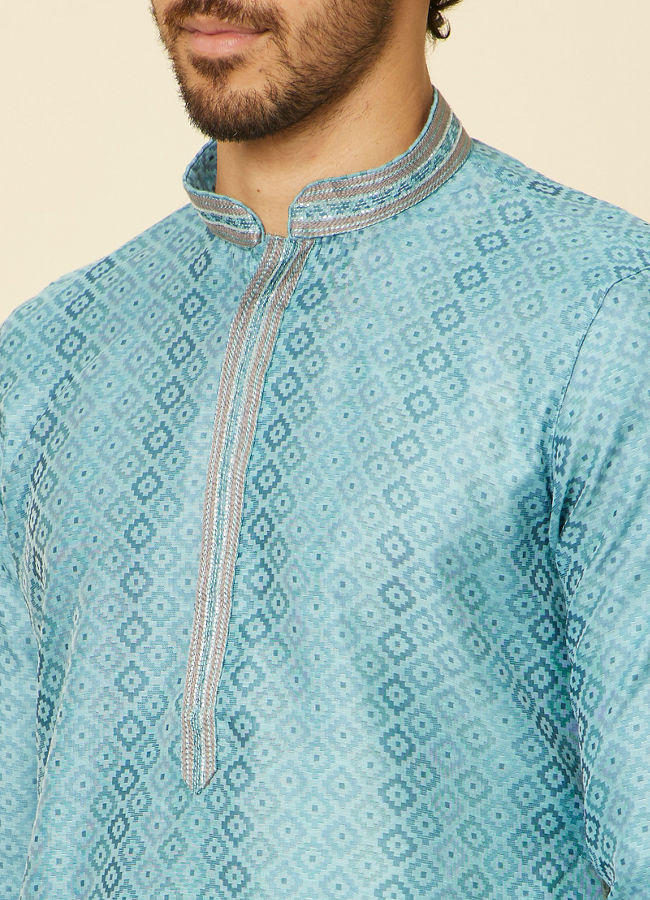 alt message - Manyavar Men Turquoise Blue Grid Patterned Kurta Set image number 1