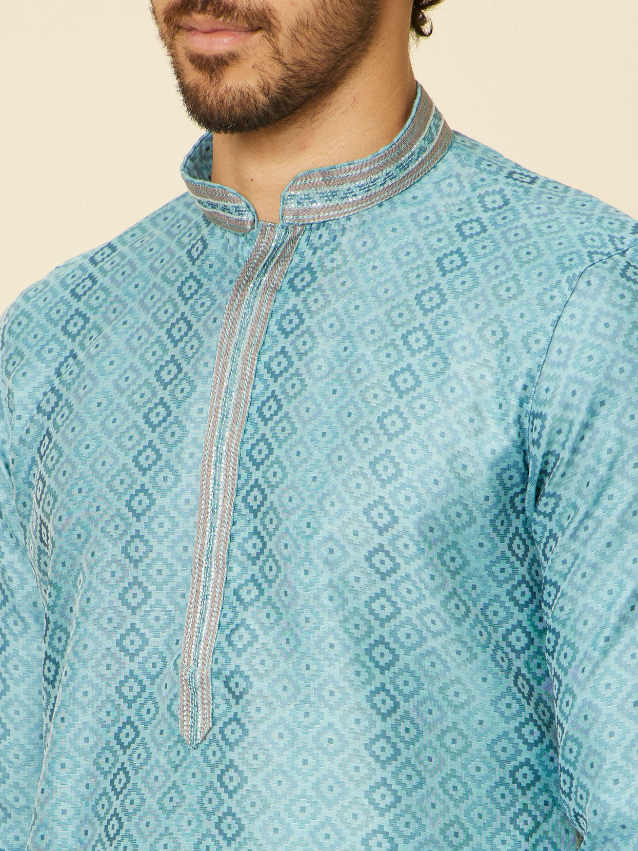 alt message - Manyavar Men Turquoise Blue Grid Patterned Kurta Set image number 1