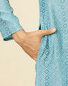 alt message - Manyavar Men Turquoise Blue Grid Patterned Kurta Set image number 3