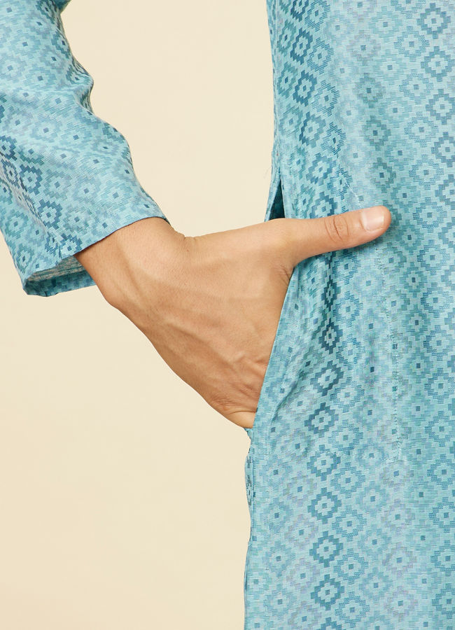 Manyavar Men Turquoise Blue Grid Patterned Kurta Set