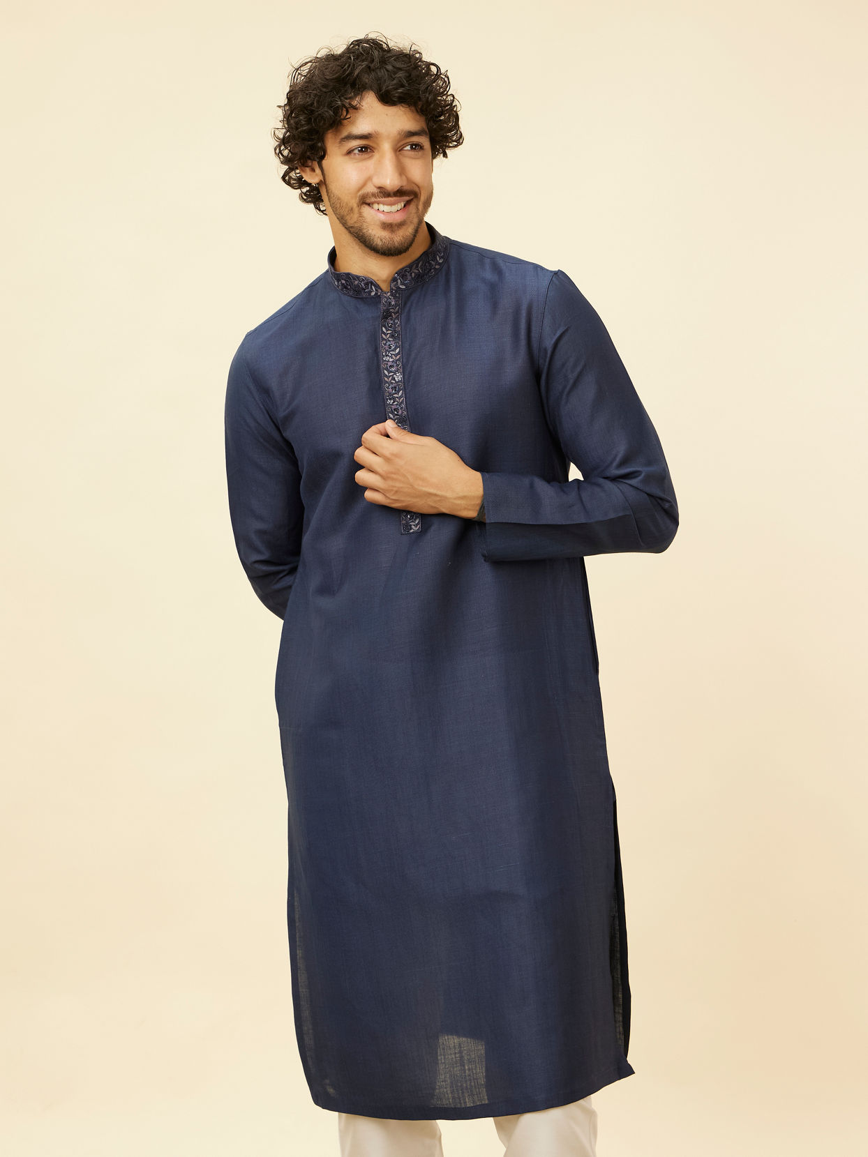 Manyavar Men Navy Blue Embroidered Bandhgala Kurta Set