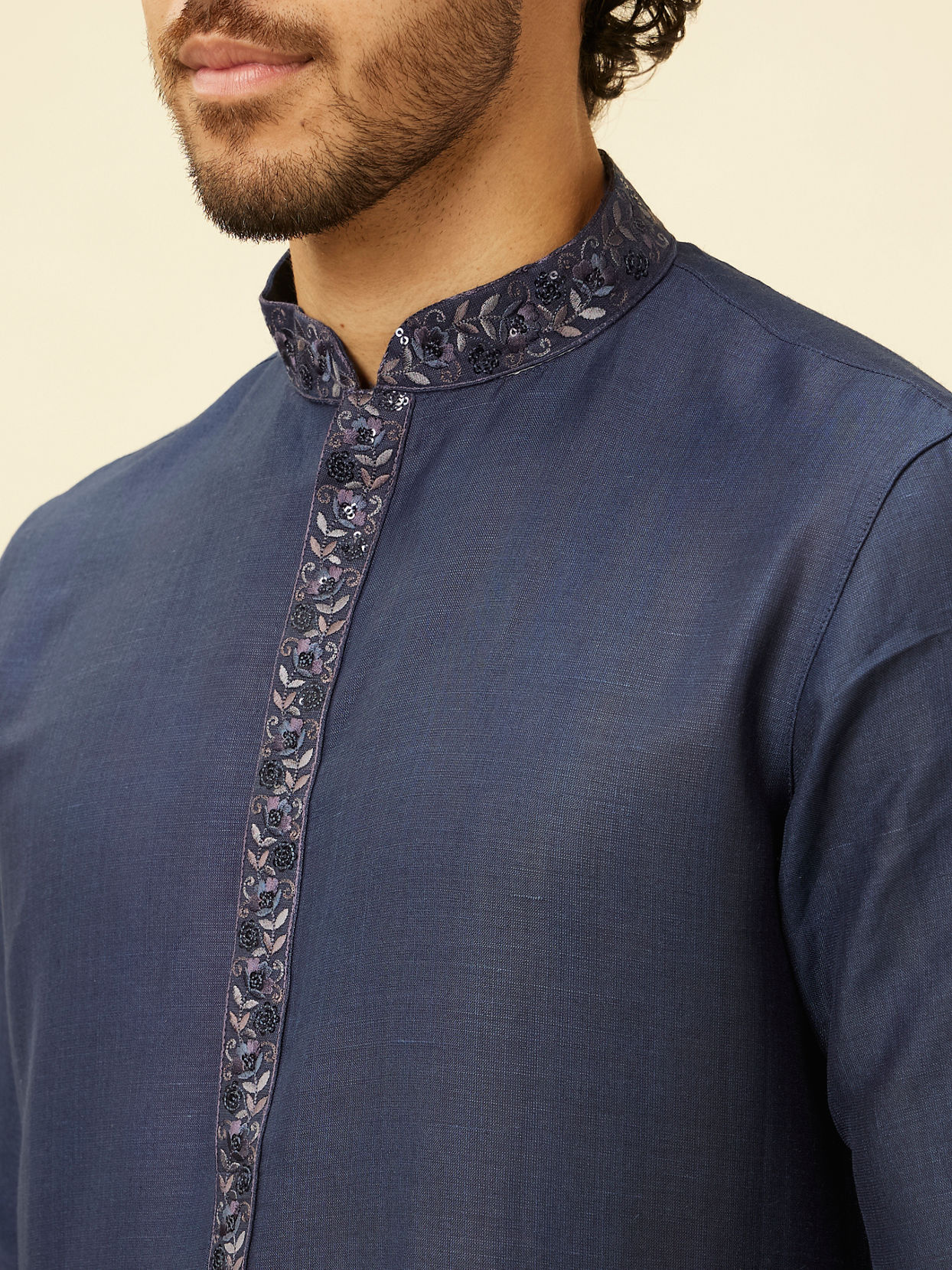 Manyavar Men Navy Blue Embroidered Bandhgala Kurta Set