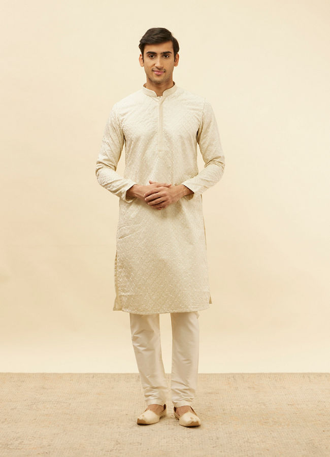 Manyavar Men Pearl White Jaal Embroidered Sequinned Kurta Set
