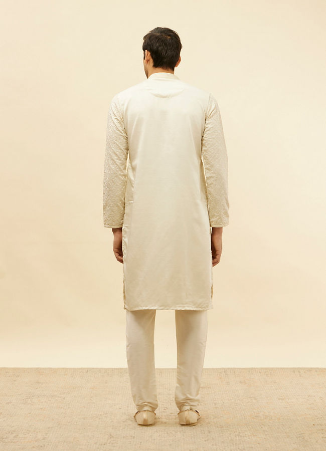 Manyavar Men Pearl White Jaal Embroidered Sequinned Kurta Set