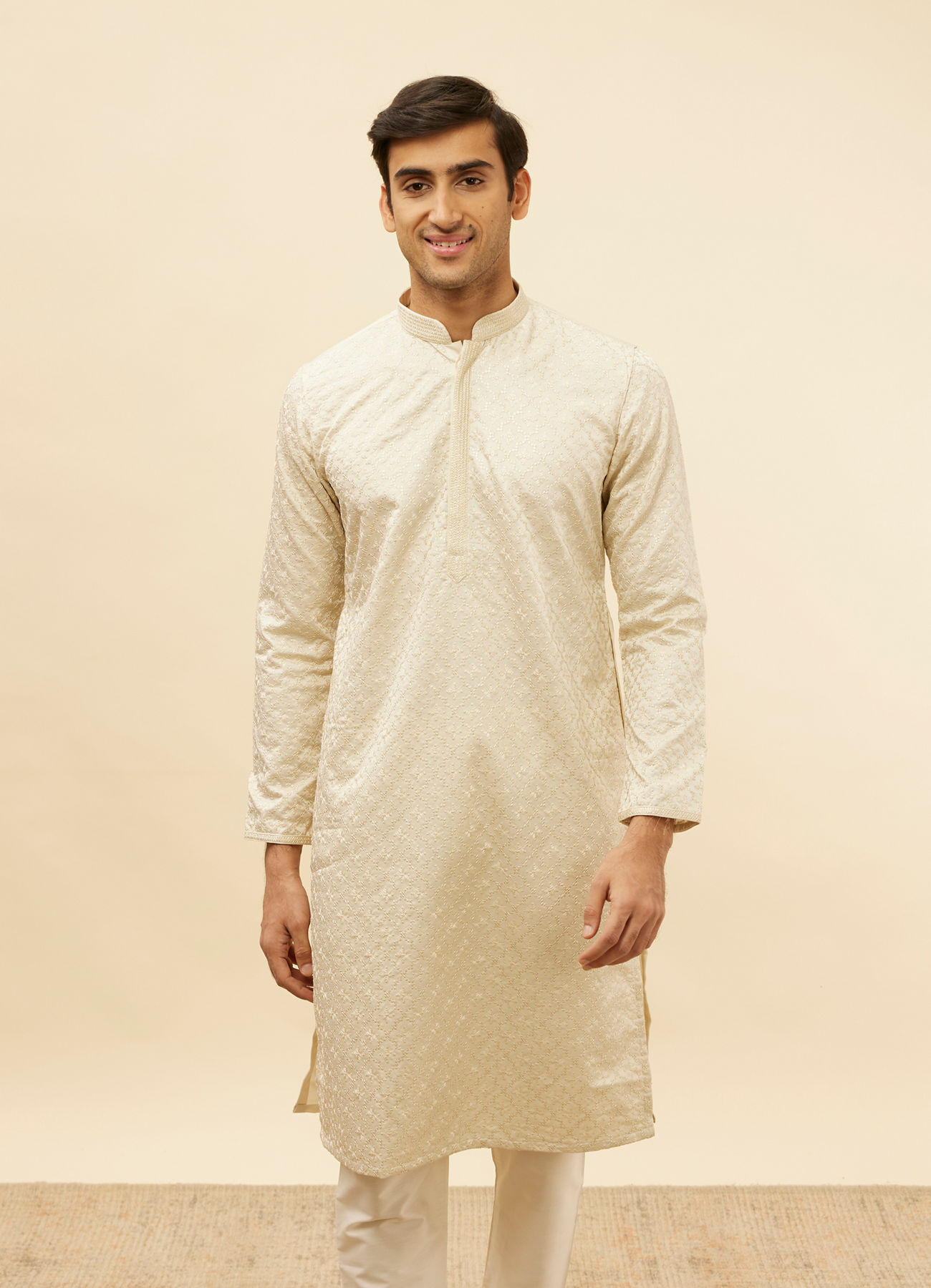 Manyavar Men Pearl White Jaal Embroidered Sequinned Kurta Set