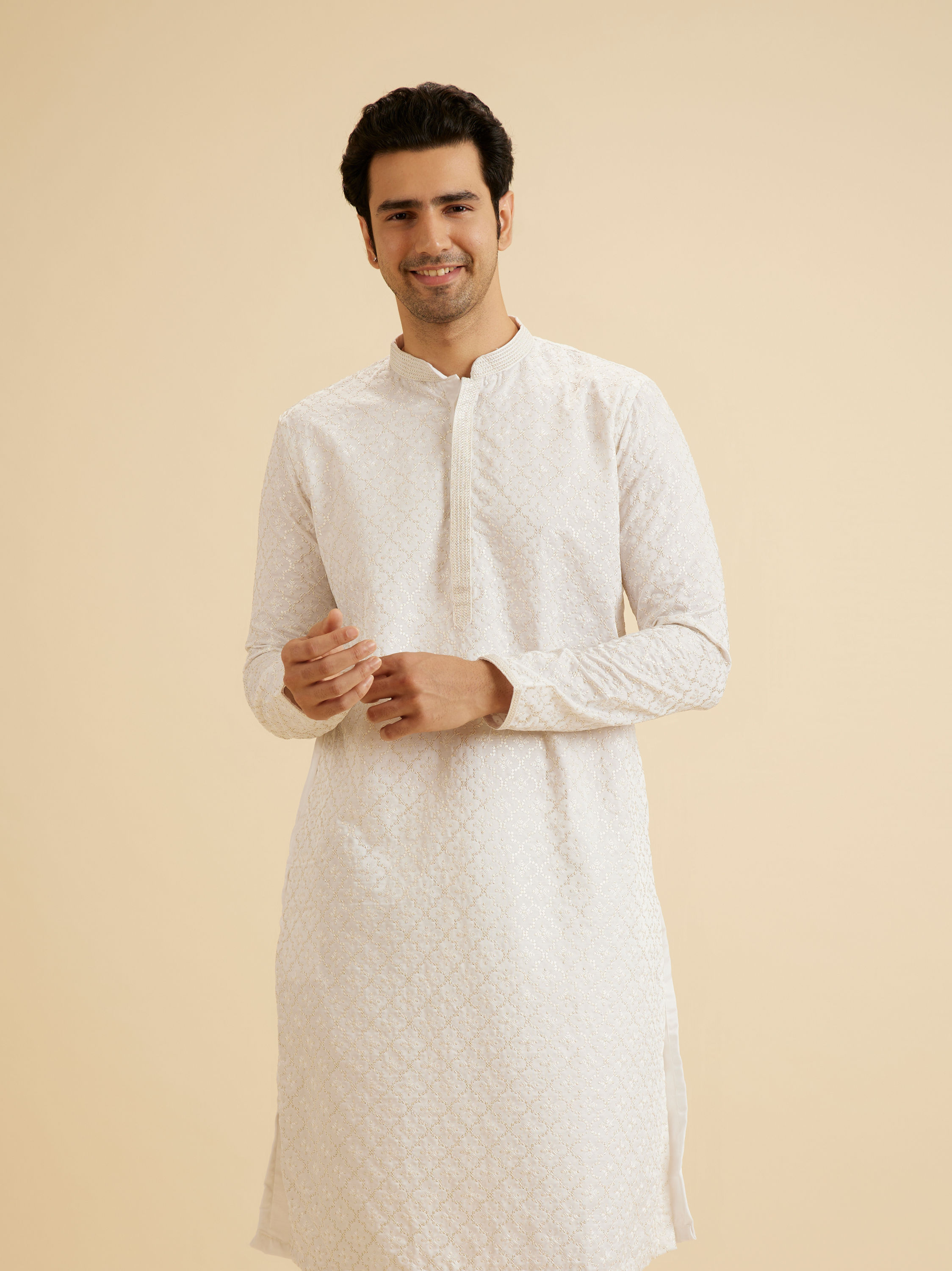 Manyavar Men Enthralling Cream Satin Kurta Pajama