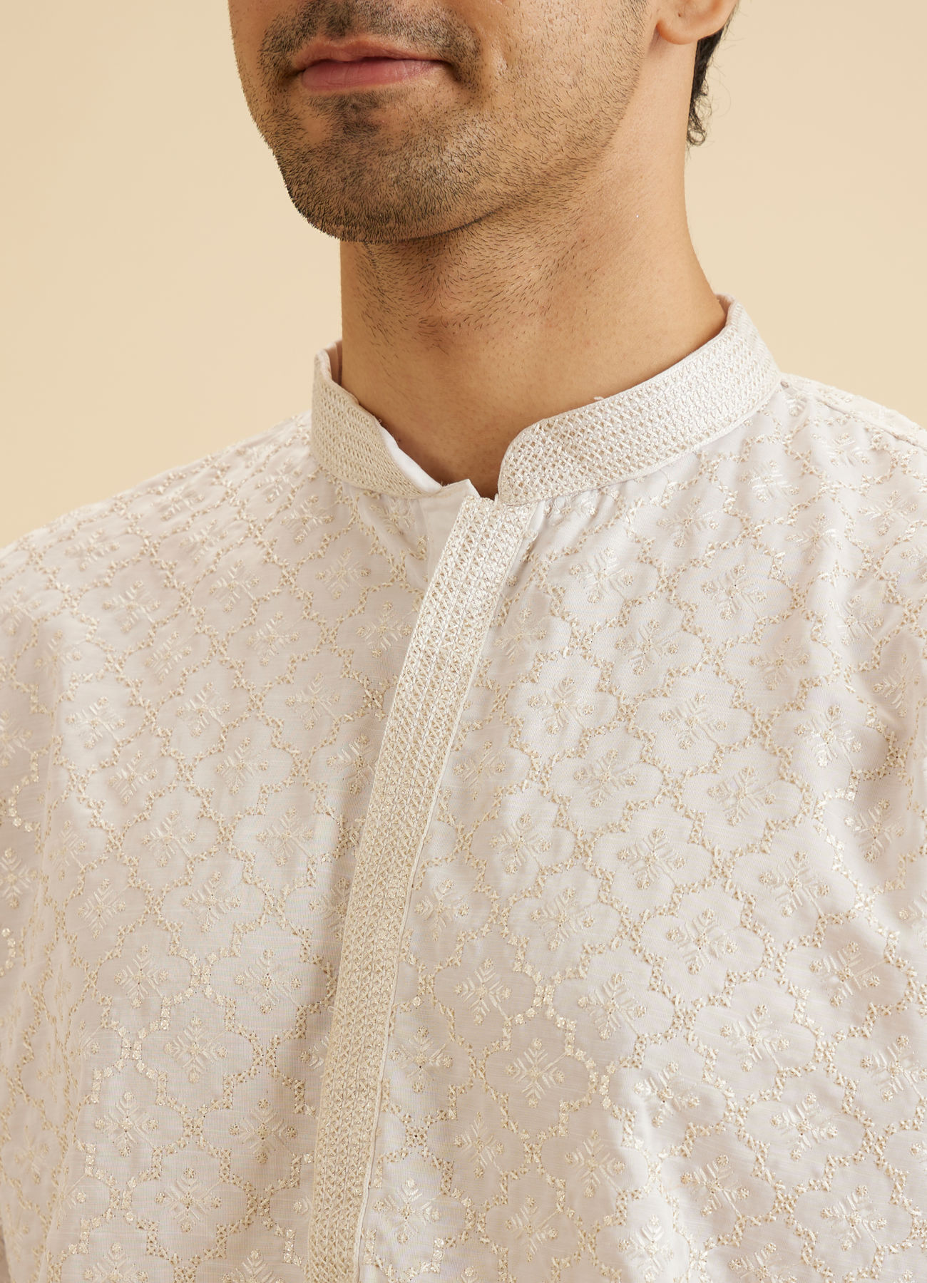 Manyavar Men Enthralling Cream Satin Kurta Pajama
