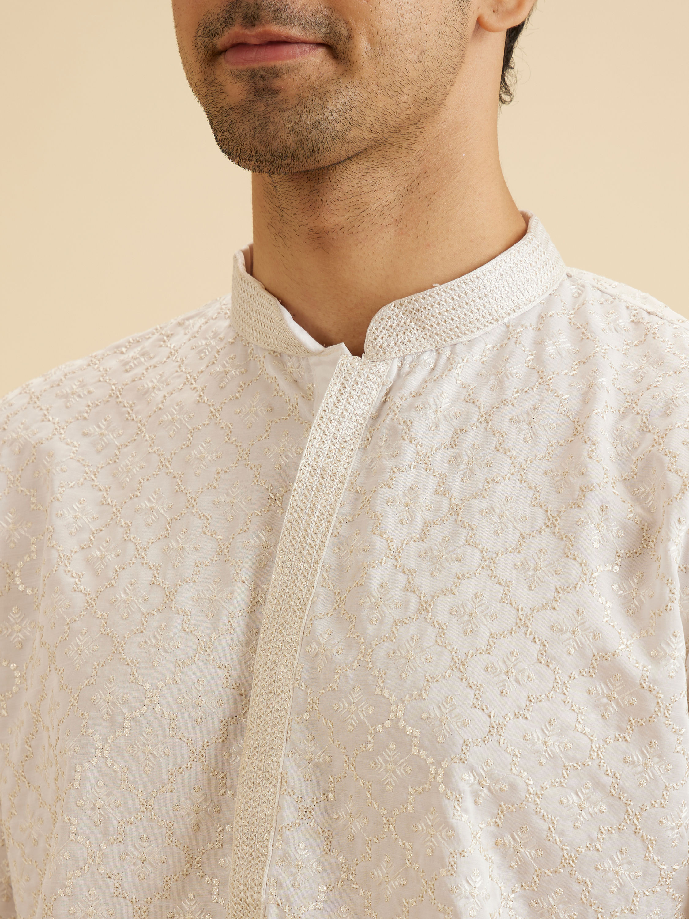 Manyavar Men Enthralling Cream Satin Kurta Pajama