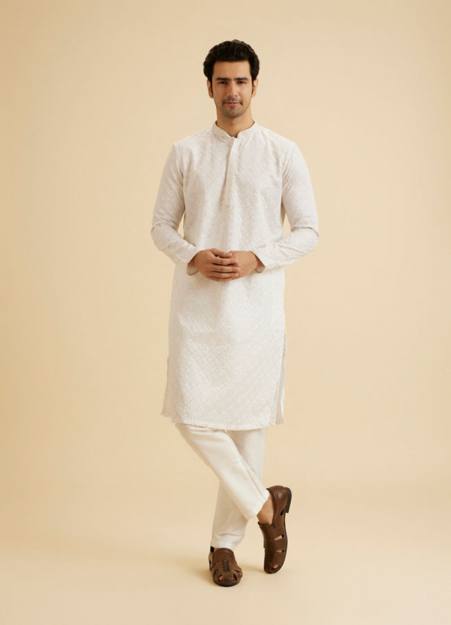 Manyavar Men Enthralling Cream Satin Kurta Pajama