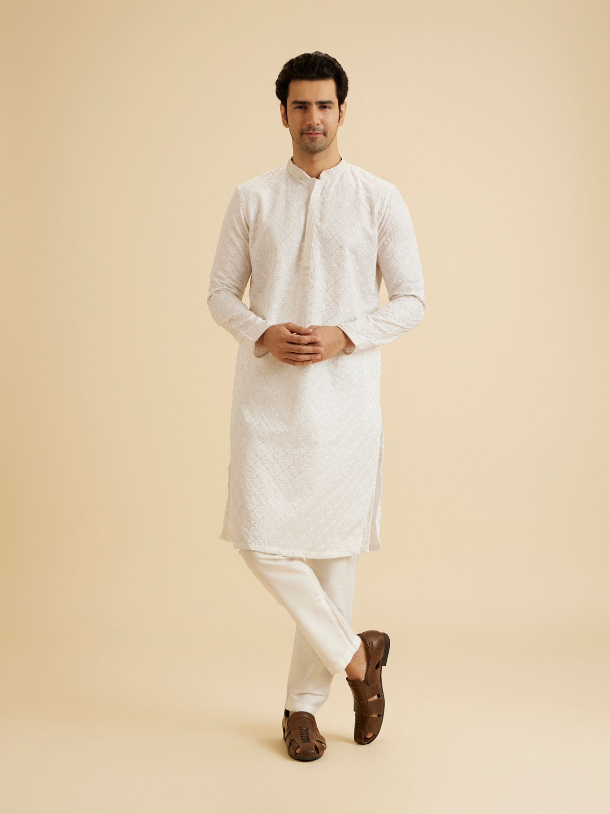 Manyavar Men Enthralling Cream Satin Kurta Pajama