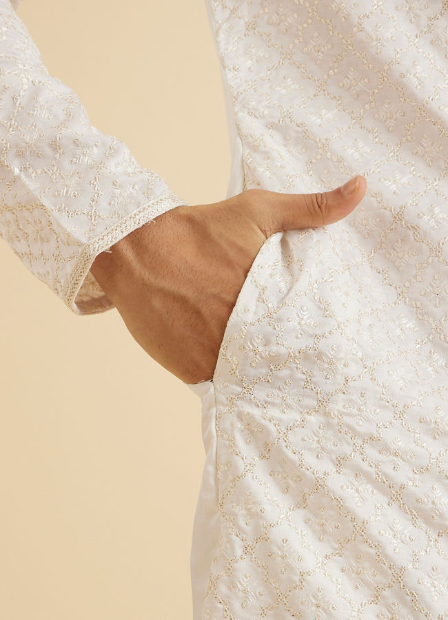 Manyavar Men Enthralling Cream Satin Kurta Pajama