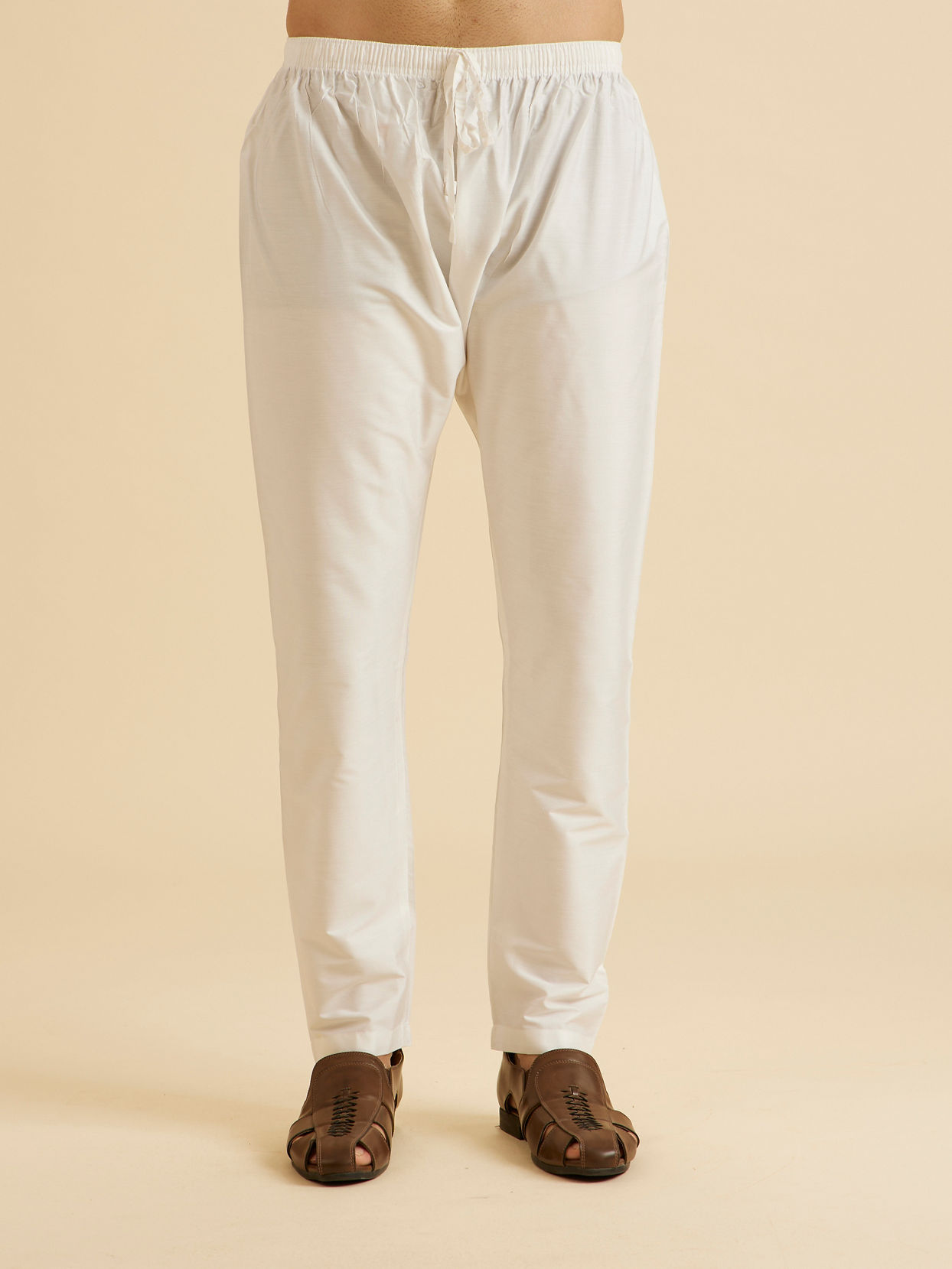 Manyavar Men Enthralling Cream Satin Kurta Pajama