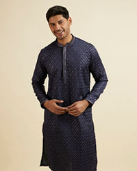 Manyavar Men Dark Blue Jaal Patterned Kurta Set