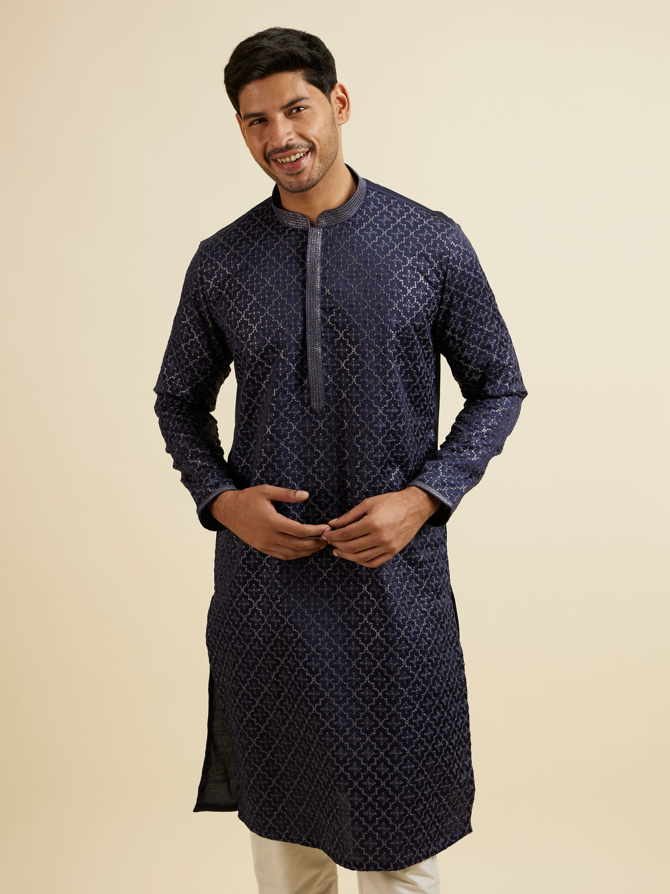 Manyavar Men Dark Blue Jaal Patterned Kurta Set