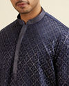 alt message - Manyavar Men Dark Blue Jaal Patterned Kurta Set image number 1