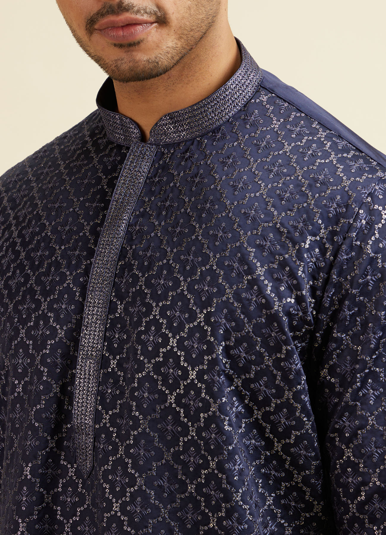 Manyavar Men Dark Blue Jaal Patterned Kurta Set