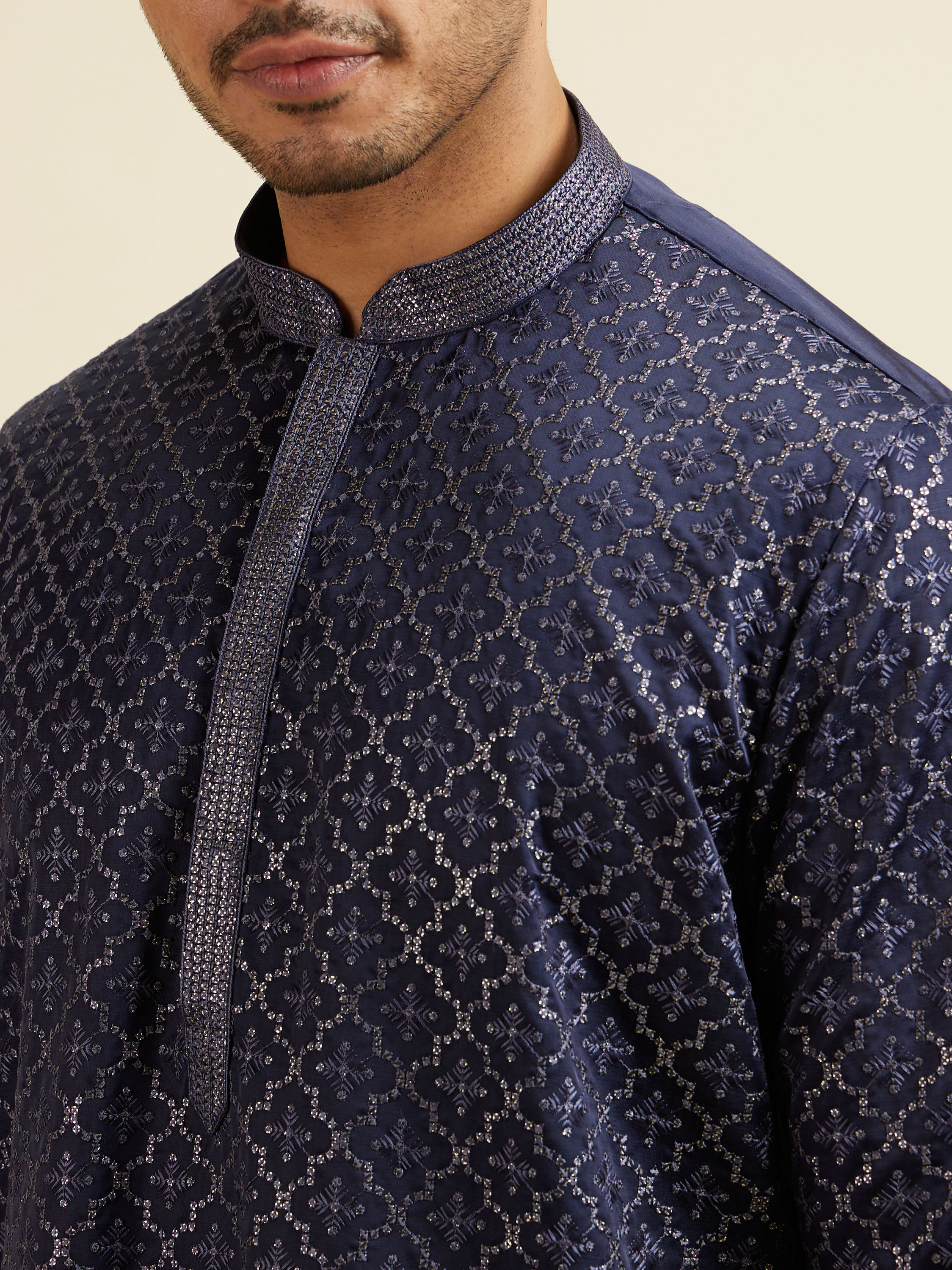 Manyavar Men Dark Blue Jaal Patterned Kurta Set