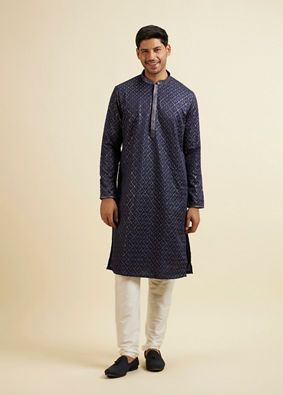 alt message - Manyavar Men Dark Blue Jaal Patterned Kurta Set image number 2