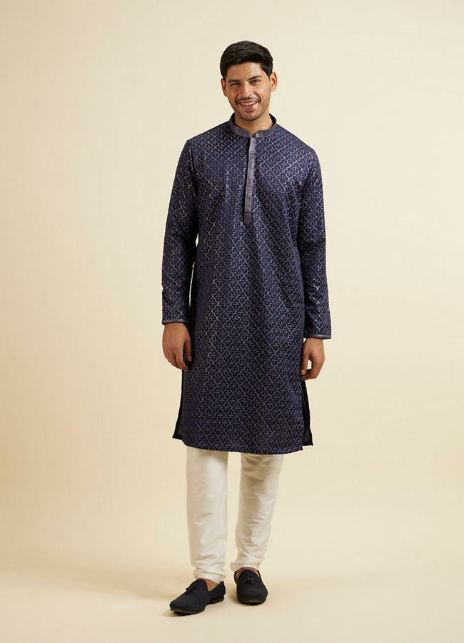 alt message - Manyavar Men Dark Blue Jaal Patterned Kurta Set image number 2