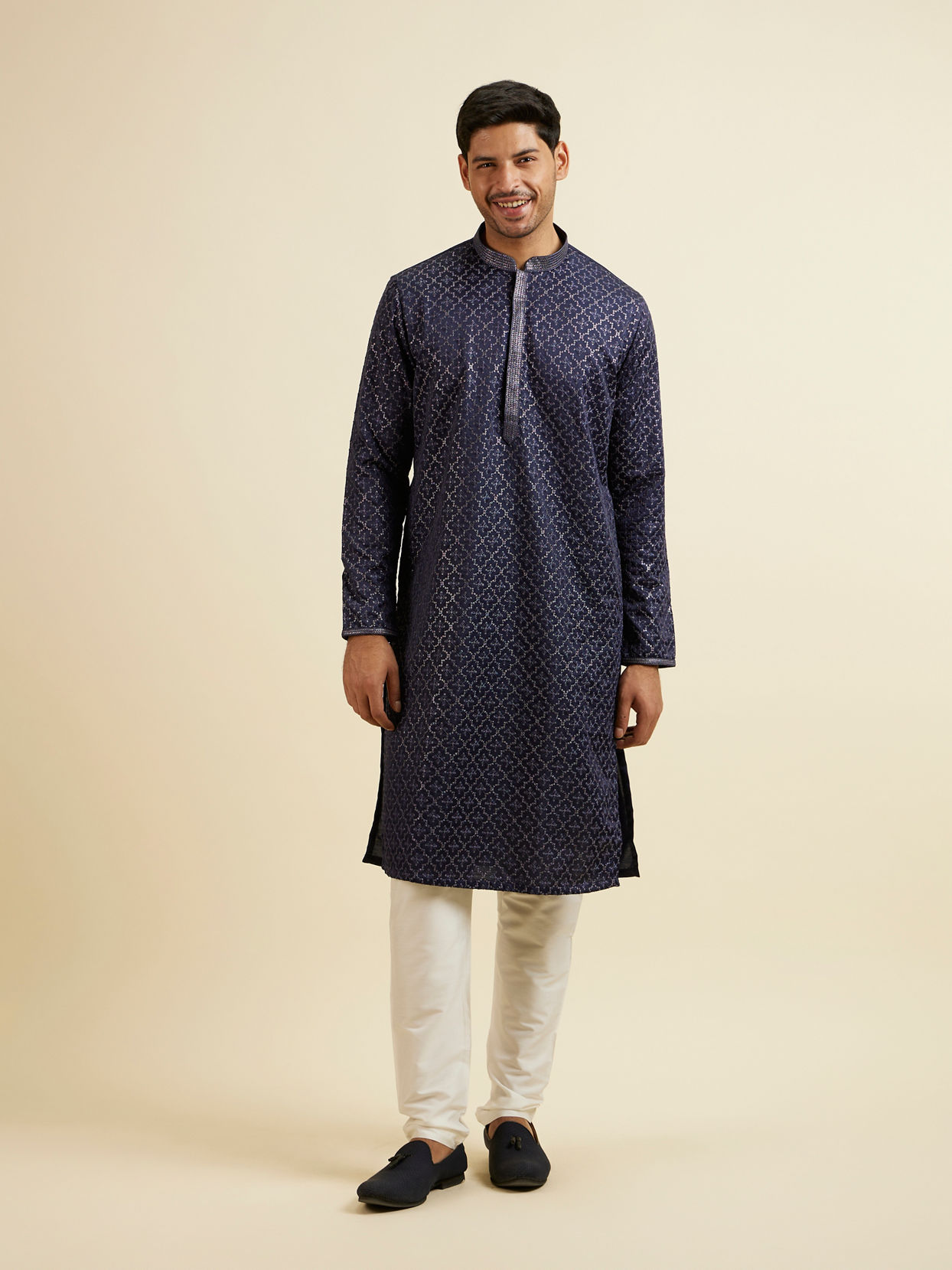 Manyavar Men Dark Blue Jaal Patterned Kurta Set