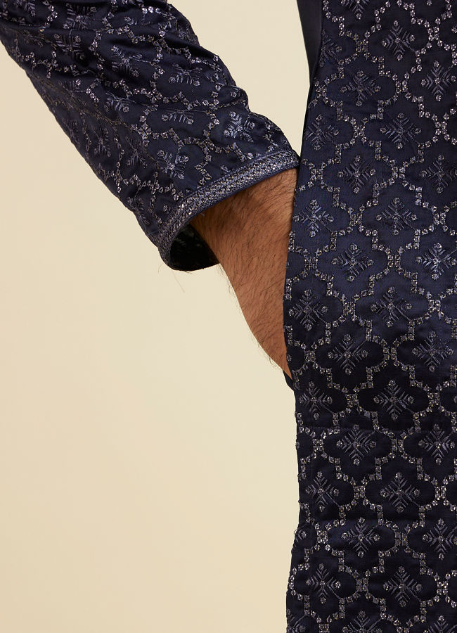 Manyavar Men Dark Blue Jaal Patterned Kurta Set