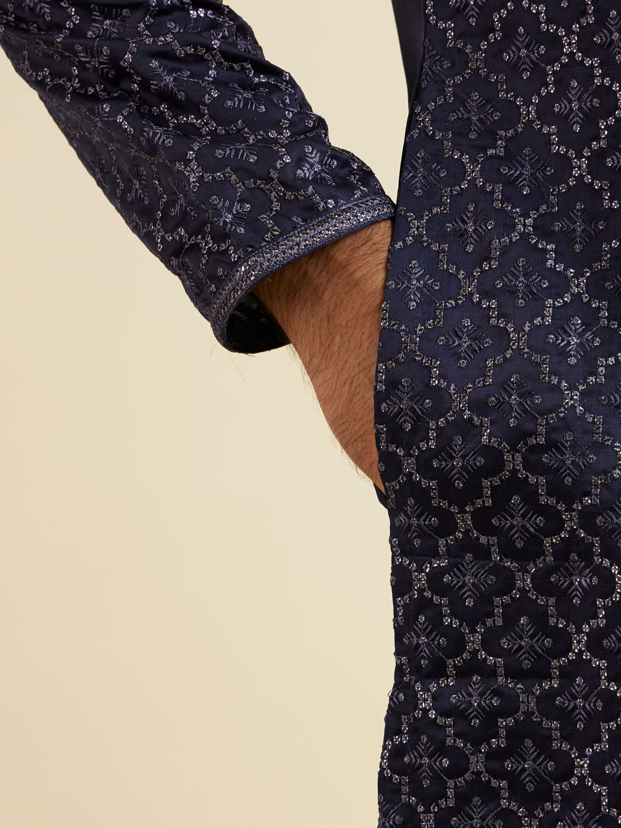 Manyavar Men Dark Blue Jaal Patterned Kurta Set