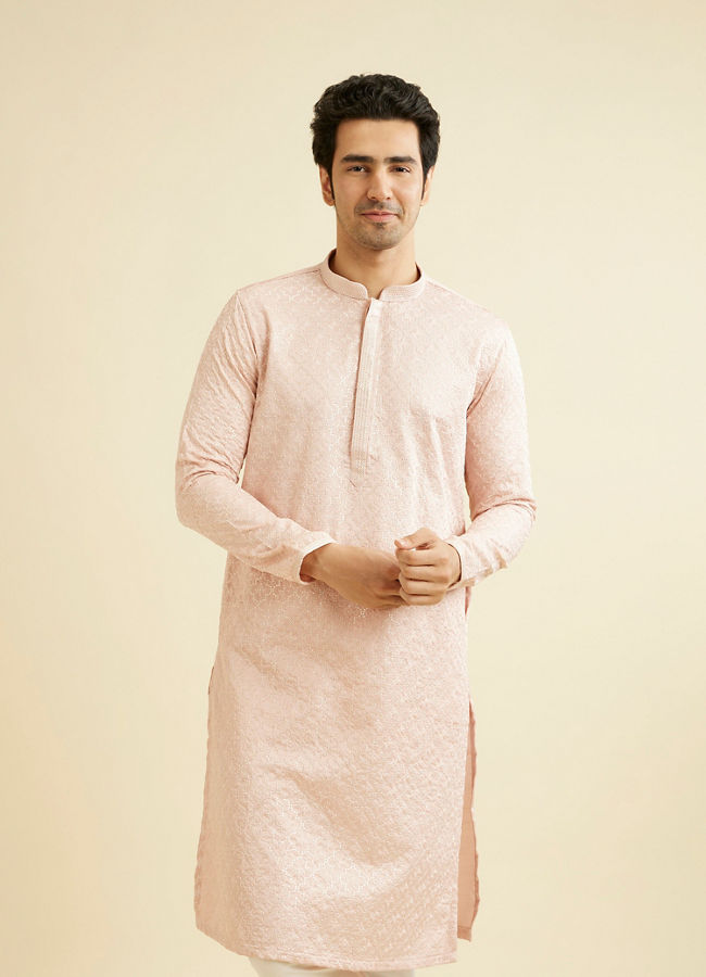 alt message - Manyavar Men Baby Pink Jaal Patterned Kurta Set image number 0