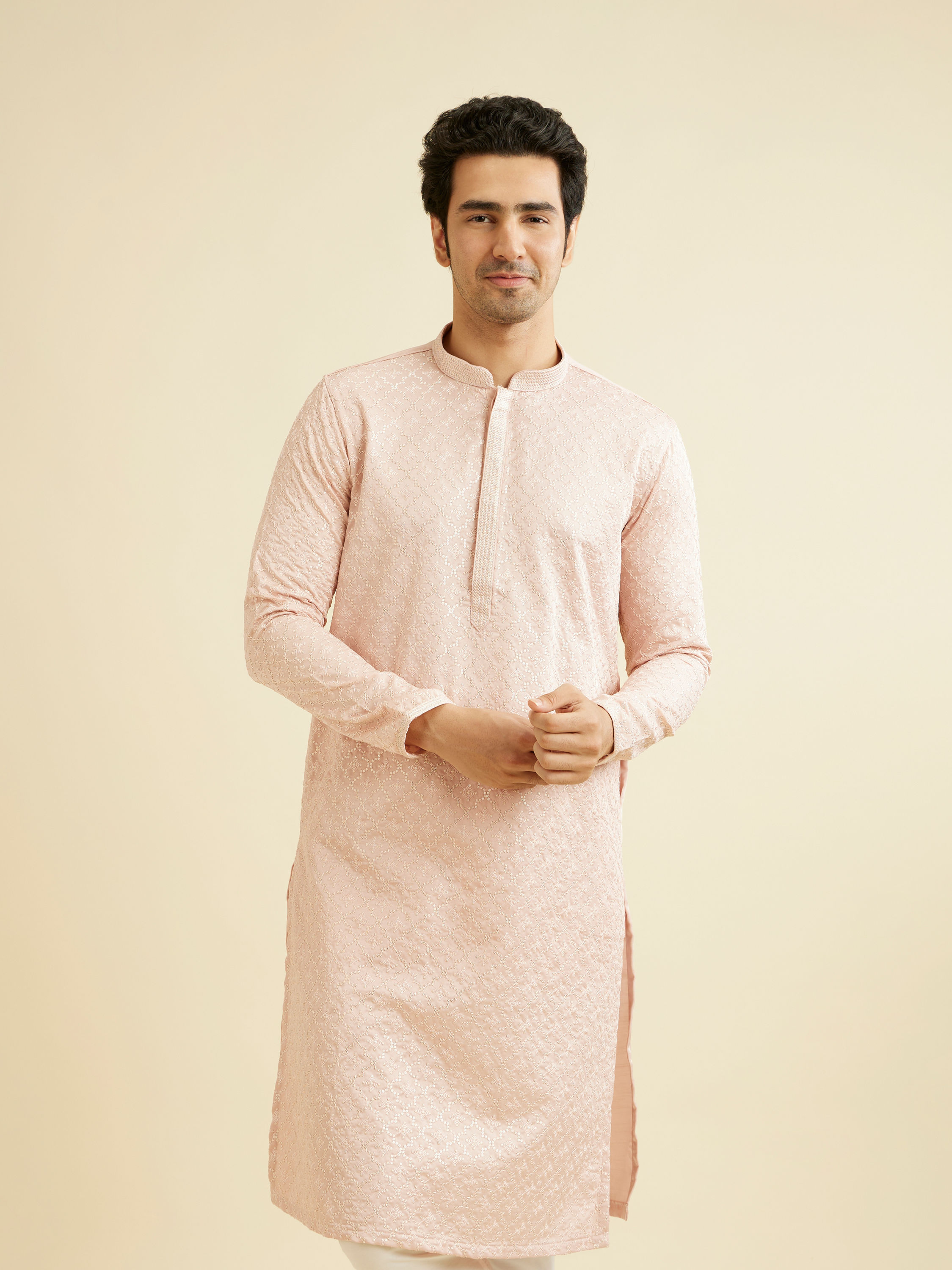 Manyavar Men Baby Pink Jaal Patterned Kurta Set