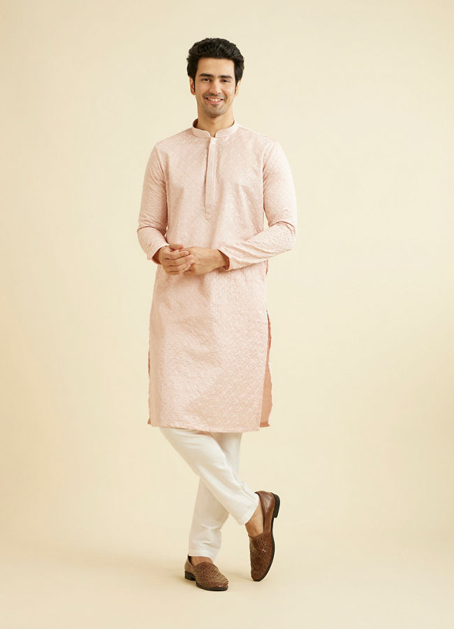 Manyavar Men Baby Pink Jaal Patterned Kurta Set