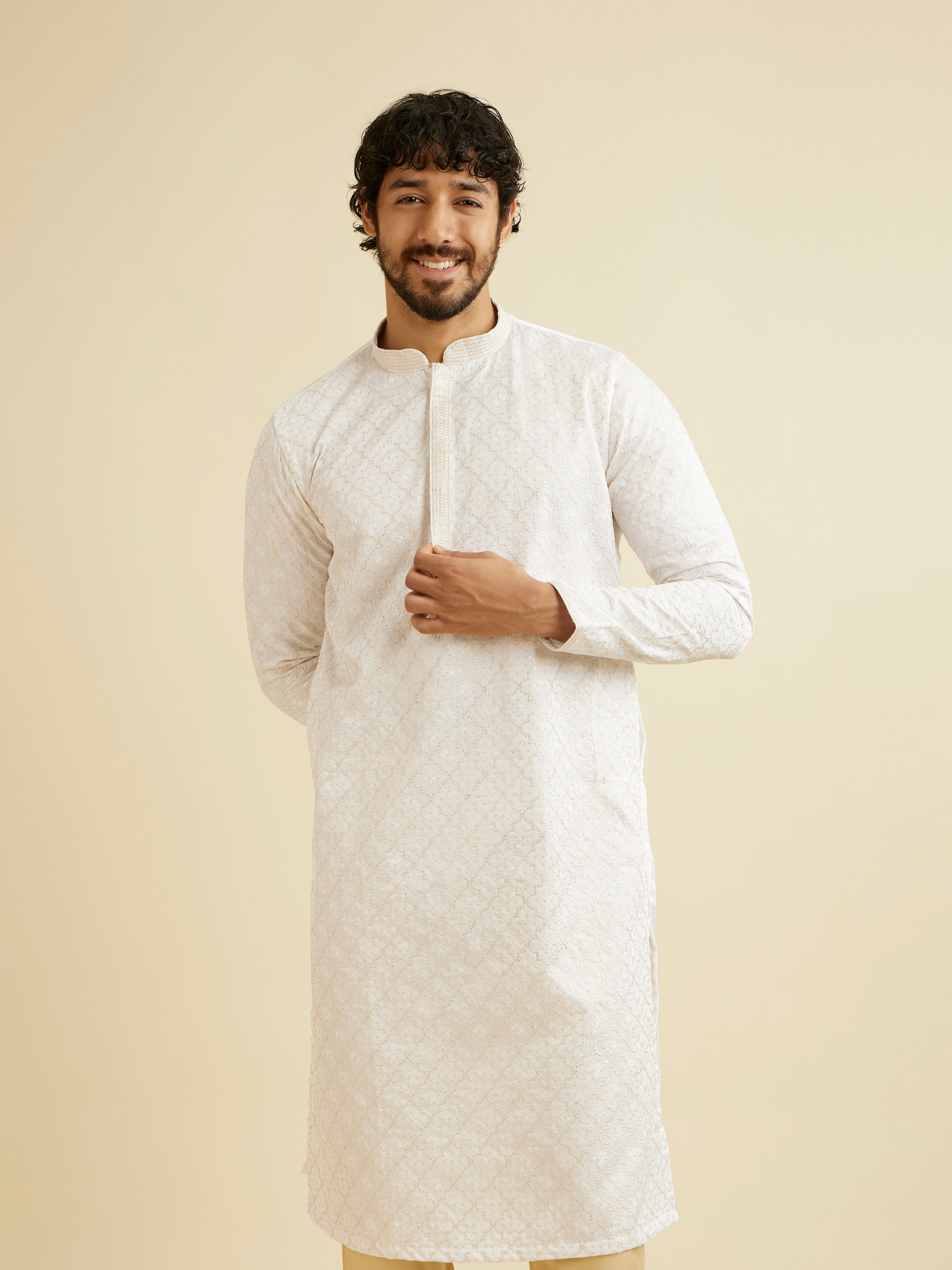 Manyavar Men Warm White Jaal Patterned Kurta Set