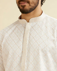 Manyavar Men Warm White Jaal Patterned Kurta Set