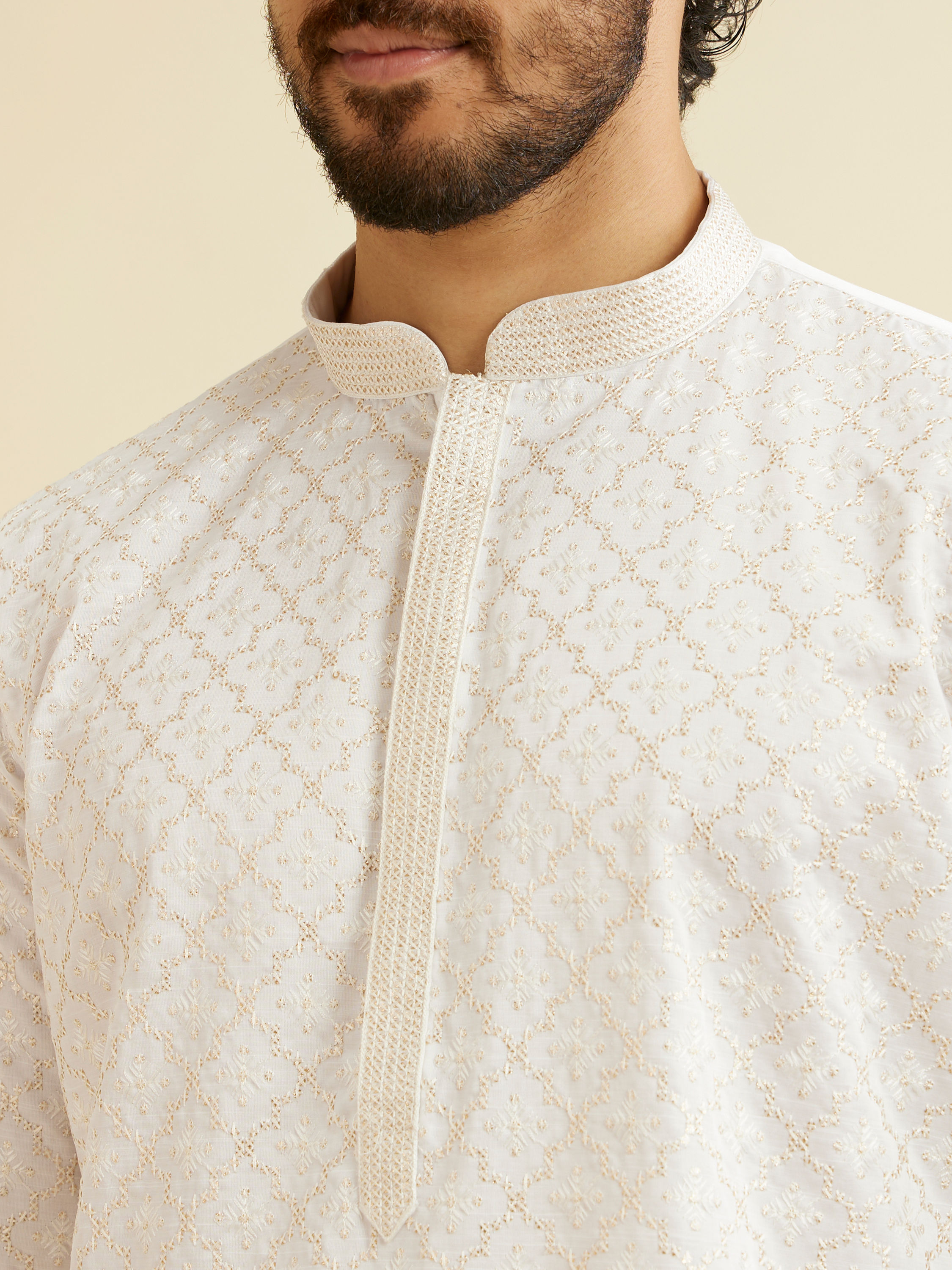 Manyavar Men Warm White Jaal Patterned Kurta Set