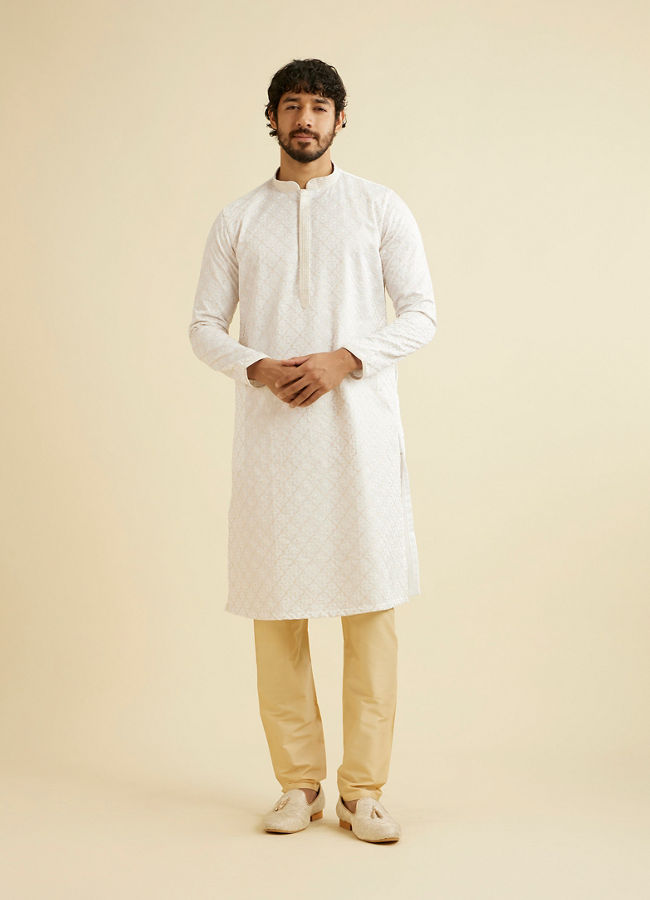 Manyavar Men Warm White Jaal Patterned Kurta Set