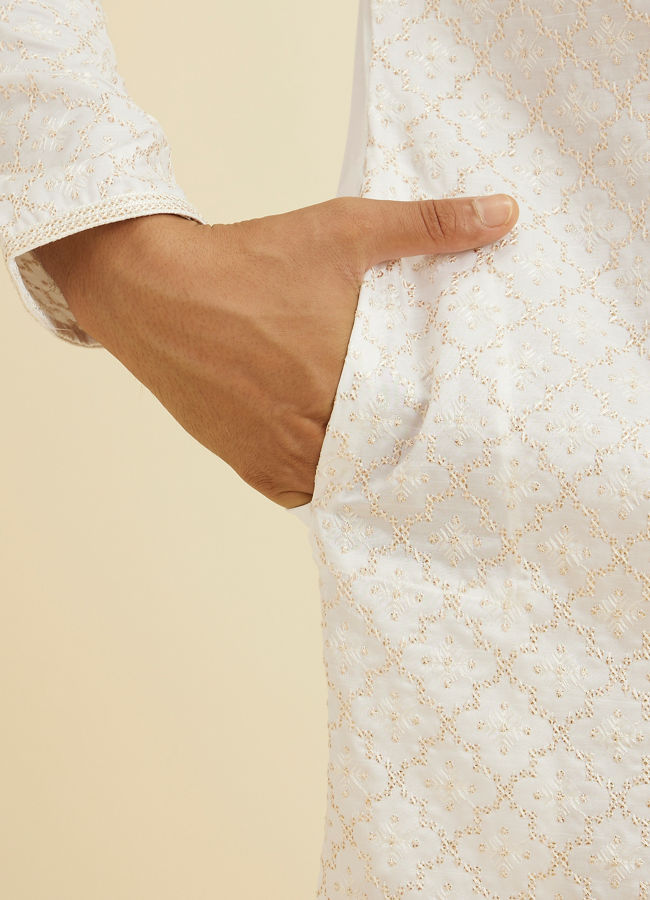Manyavar Men Warm White Jaal Patterned Kurta Set