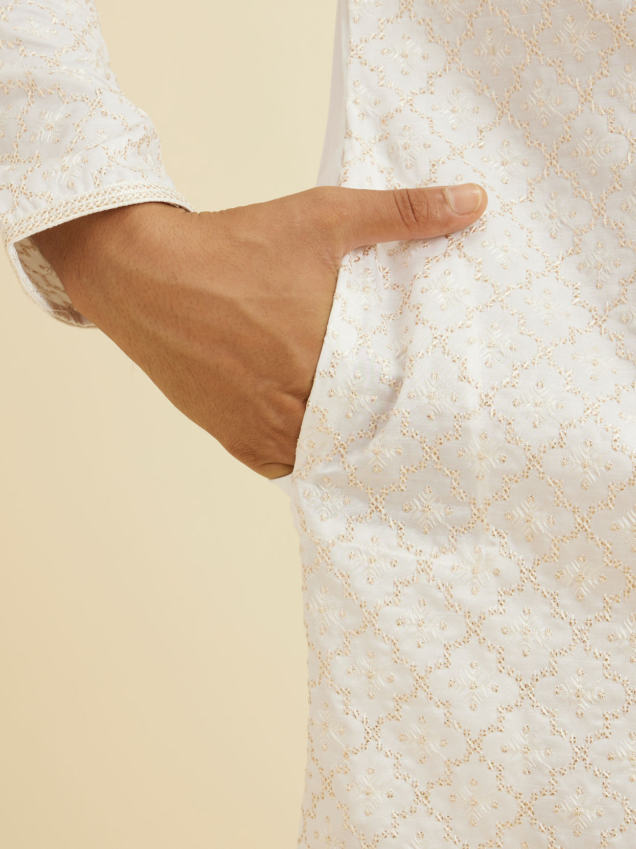 Manyavar Men Warm White Jaal Patterned Kurta Set