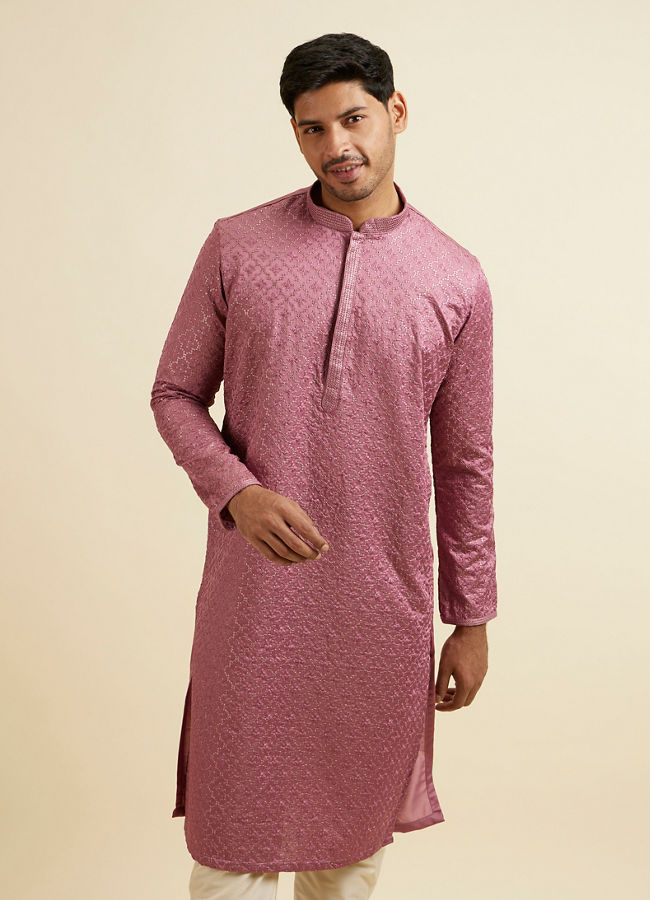 alt message - Manyavar Men Dusty Pink Jaal Patterned Kurta Set image number 0